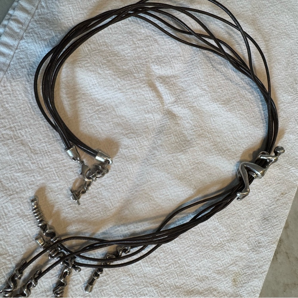 Black Leather Necklace with Silver Accents lariat design . Adjustable